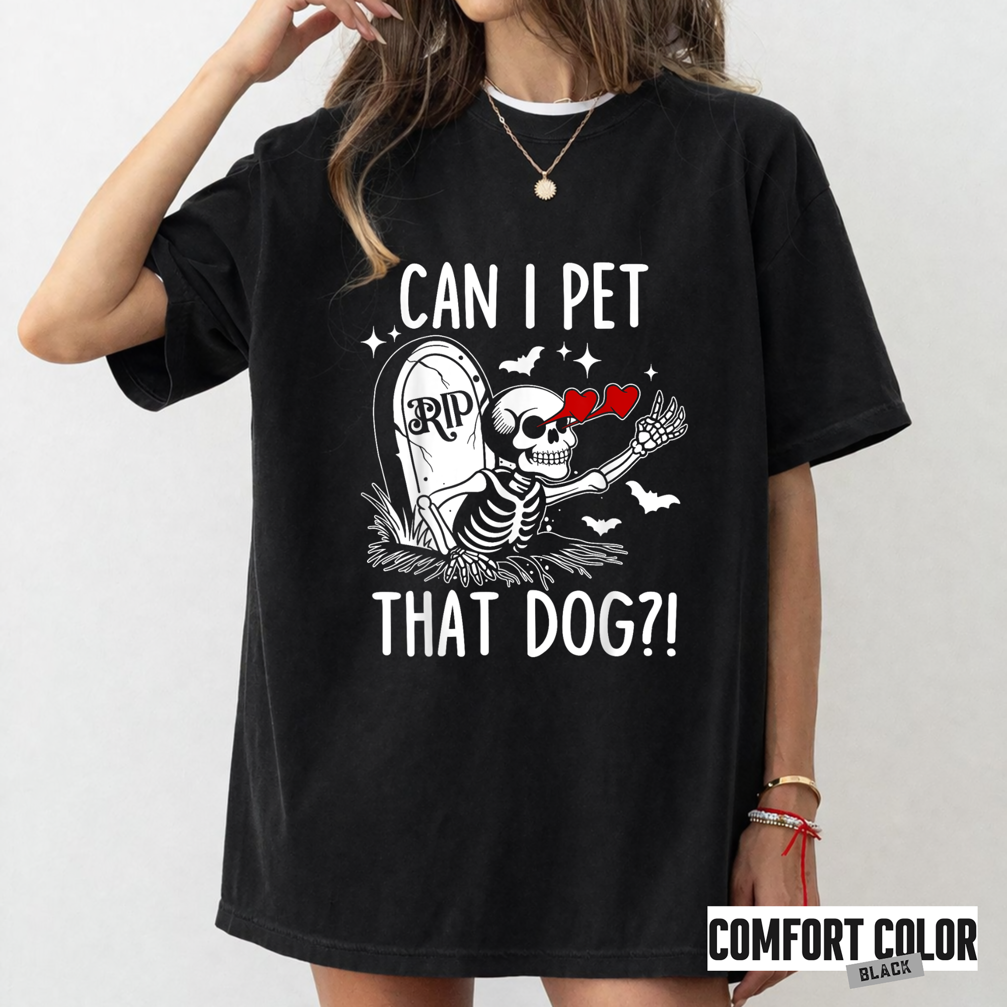 Can I Pet That Dog?! Skeleton Halloween T-Shirt | Funny Gothic Dog Lover Graphic Tee