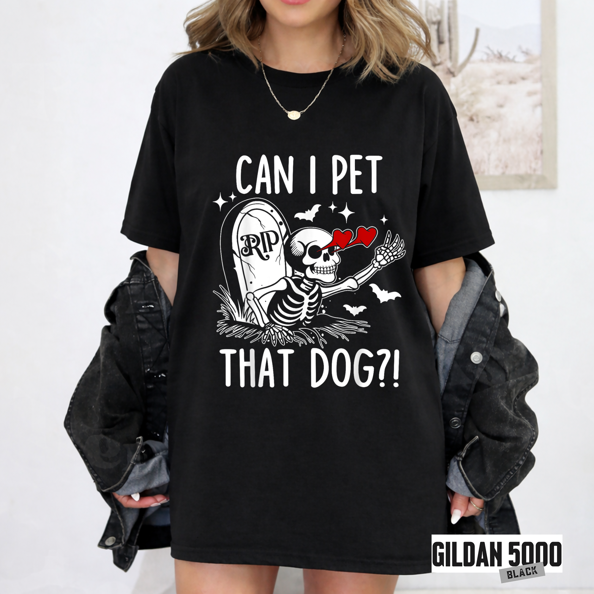 Can I Pet That Dog?! Skeleton Halloween T-Shirt | Funny Gothic Dog Lover Graphic Tee